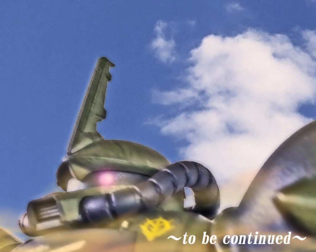 試験を終了するとグフは乾いた大地が砂煙を上げる中、一度立ち止まる。「オリバー大尉いかがです。そのグフは?」「素晴らしいな。今までのザクやグフとはまるで違う」オリバーはこのグフ飛行試験型に確かな手応えを感じ気持ちが高揚していた。「大尉の操縦にも驚きです。よくそいつを乗りこなせますね。自分は地上で足がつかずMSが早く動くなんて未だに信じられないです」「地球の重力と言うやつは身体だけでなく魂や感覚まで縛りつけるようだな。飛びこそしないが、こいつにはそれを断ち切る力がある」新たな戦力を手に入れ奮い立つ中、地球連邦軍の足音は少しづつ近づいていた。〜to be continued〜