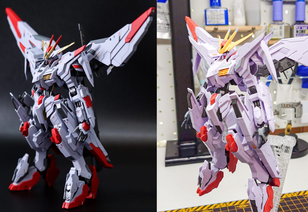 全体の改修が終わり塗装前と塗装後で比較丸まってる角を延長してシャープ化、胴体の2mm延長、胴体のパイプをプラ棒とランナーを使ってサイズ変更その他細かいところのディテールアップをしてます('ω')