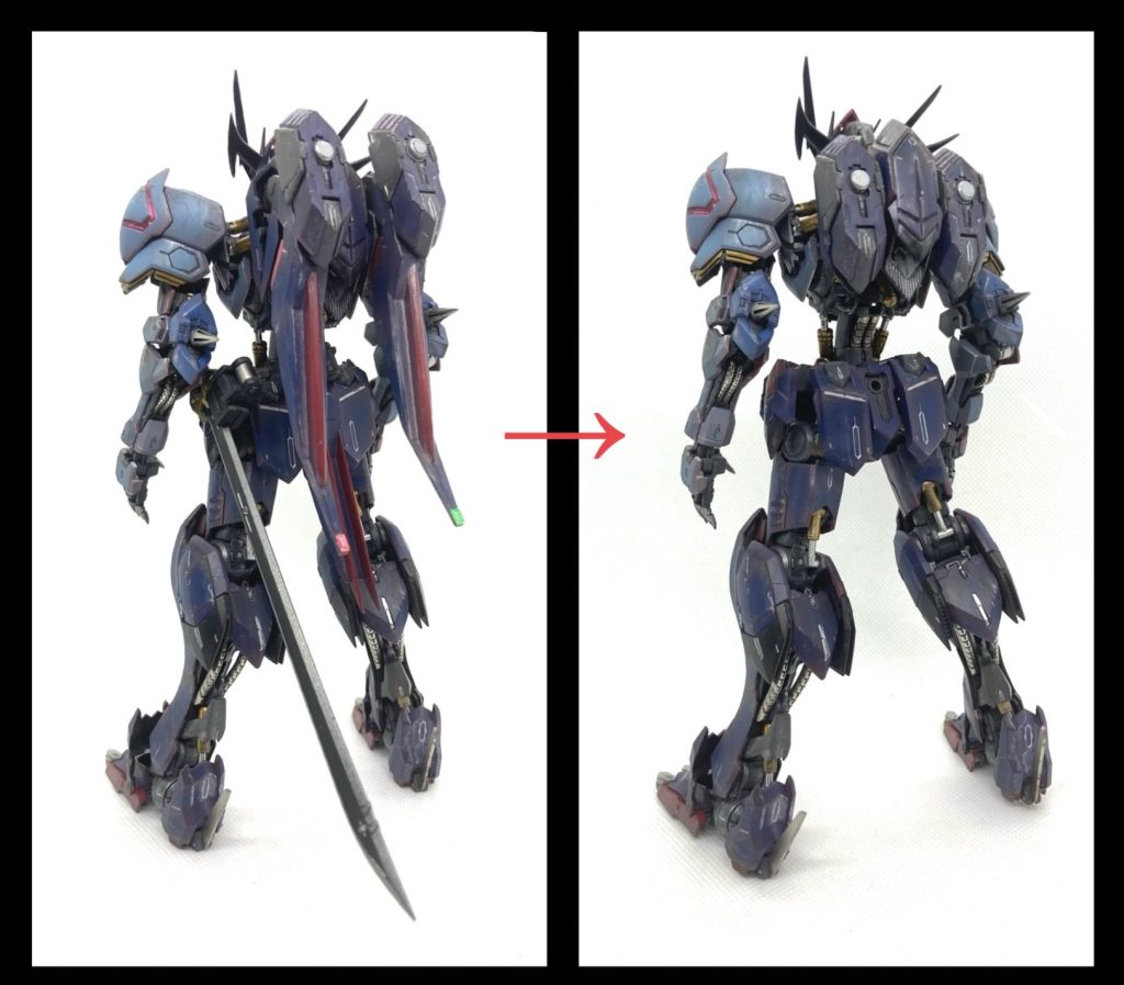 デビルマンと言えばデビルウィングということでフライトユニットを制作。MGユニコーンのふくらはぎのパーツを利用しました。フライトユニットは取り外しが可能で、取り外すと兄弟機のバルバトスと同じフォルムにすることができます。踵の爪は可動式で、通常時は後方に突き出た状態になります。