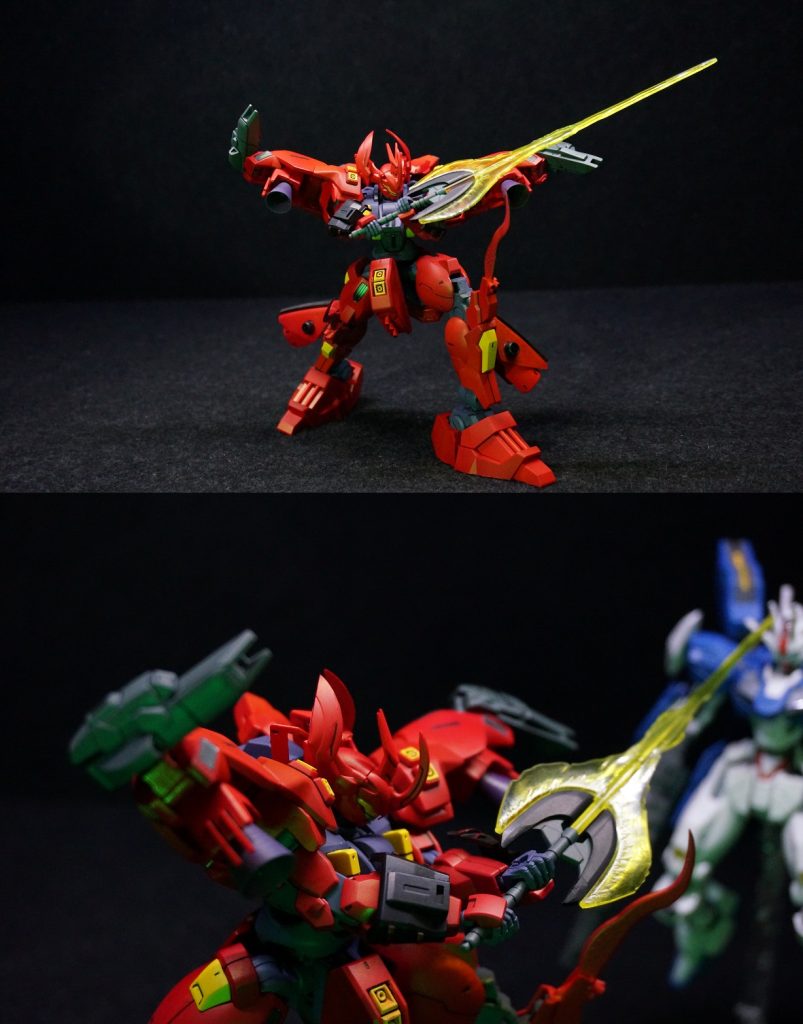 刃先が首元へ伸びる瞬間、ソードが霧散する。相手のシールドの一部が欠け、ダリルの手元、フィールドジェネレーターを貫いている。鉄の棒と化してしまった戦斧を投げつけるが、バックダッシュを許してしまい、分離したビットに撃ち落とされる。「ヤバい。相手の射程距離…。」ビームライフルを躱しながら接近するが、距離をとられる。「流石に二回目は接近させてくれない、か。」ホルダーの機体から分離したビットは乱機動しながら私に迫る。「これじゃ、バカ息子と同じ結末に！」装甲を強化してあるから致命傷にはならないけど、このままじゃ焼き切られる。新たに装備した両肩のビームガンを斉射しながらビットを狙うも全て躱される。私の意識がそこに向けられた一瞬で、側面に廻られた！ビームライフルが向けられている。銃口が光るのがやけにゆっくりと見える。せめてあのバカAIがいてくれたら…