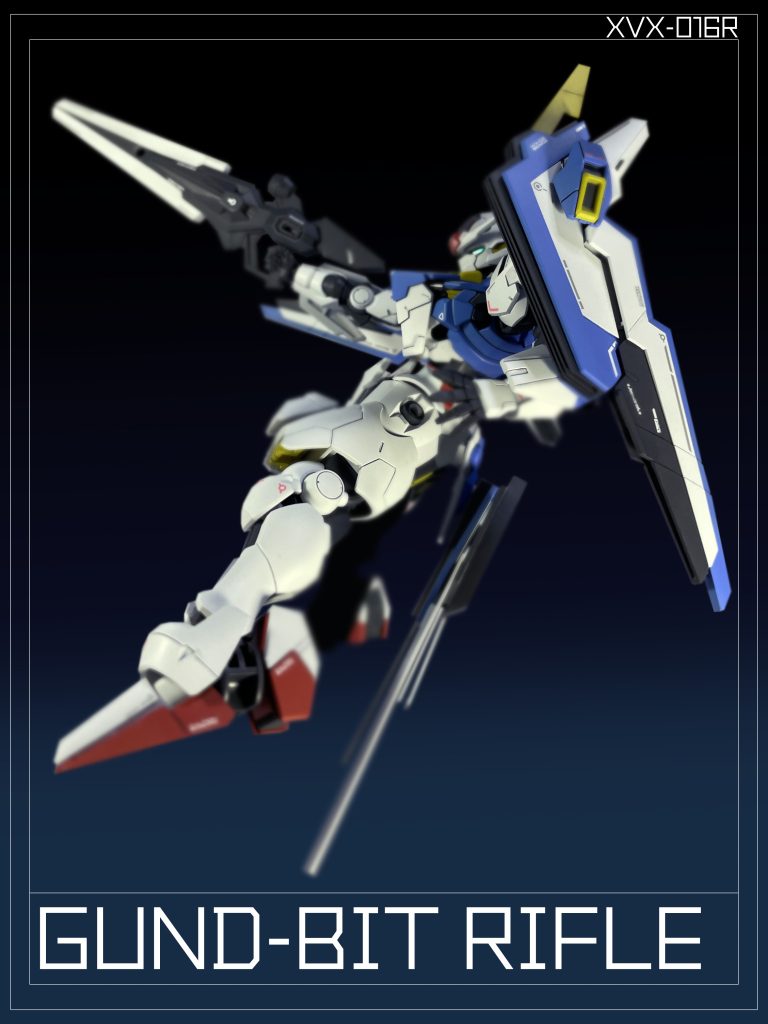 新型GUNDビット3基はビットオンフォーム時の動翼としての機能の他、各種武装に接続する事により、機能の拡張が可能。「ビームライフル」に新型GUNDビットを1基のみ接続する事により、威力と射程が向上する。