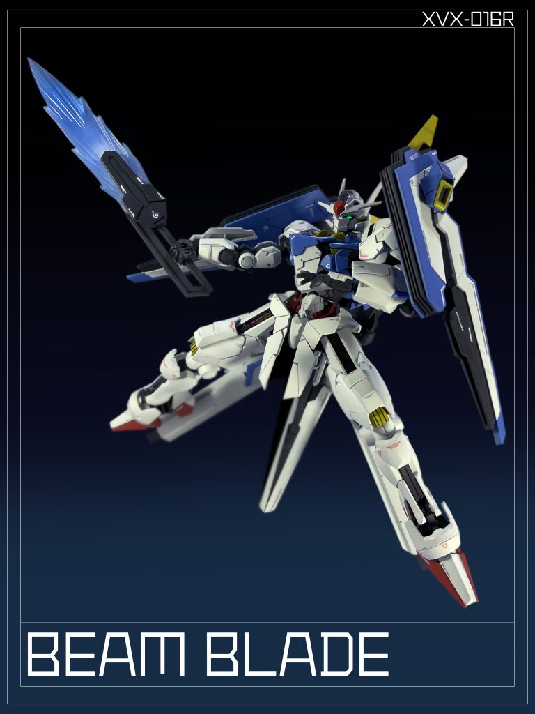 「ビームブレイド」は幅広のビーム刃を生成、即ち¨ブレイドオン¨可能な近接武器であり「ビームライフル」と同規格のGUNDビット接続機能を持つ。スウォーム兵器を主体とした「ガンダム・エアリアル」では接近戦は極力回避すべきだが「アンチドート」システム搭載機との戦闘を想定した場合、接近戦に特化した武器の存在が本機に優位性をもたらす可能性は否定出来ないだろう。無論「アンチドート」システムをオーバーライド可能であるならば、話は別だが.....。