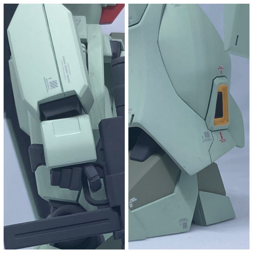 頭部以外におけるA型からD型への改修ポイントです。手首周りが凹んでいるデザインに変更されているので、削り込んだ後に、WAVEのバーニアで手首装甲を再現してます。脚部の裾もA型からの意匠変更が結構目立つため、プラ板積層を貼ってから成形しています。（見た目より簡単です。）