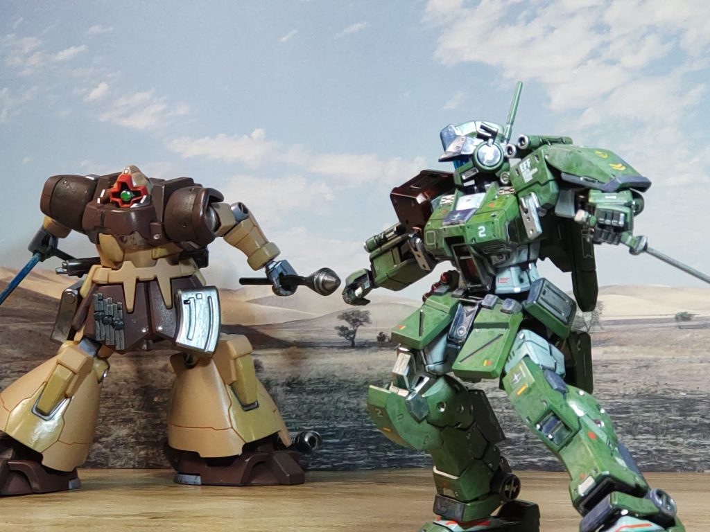 ズザァーーッ❗❗「なんの❗」身をひるがえし華麗に着地するジム・スパルタン「トドメだっ❗❗」そこへ追撃のシュツルムファウストがジム・スパルタンへ放たれた