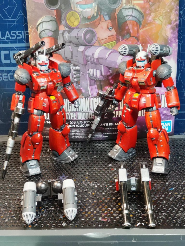 全塗装したガンキャノン２機とりあえず、少しだけ汚してみます