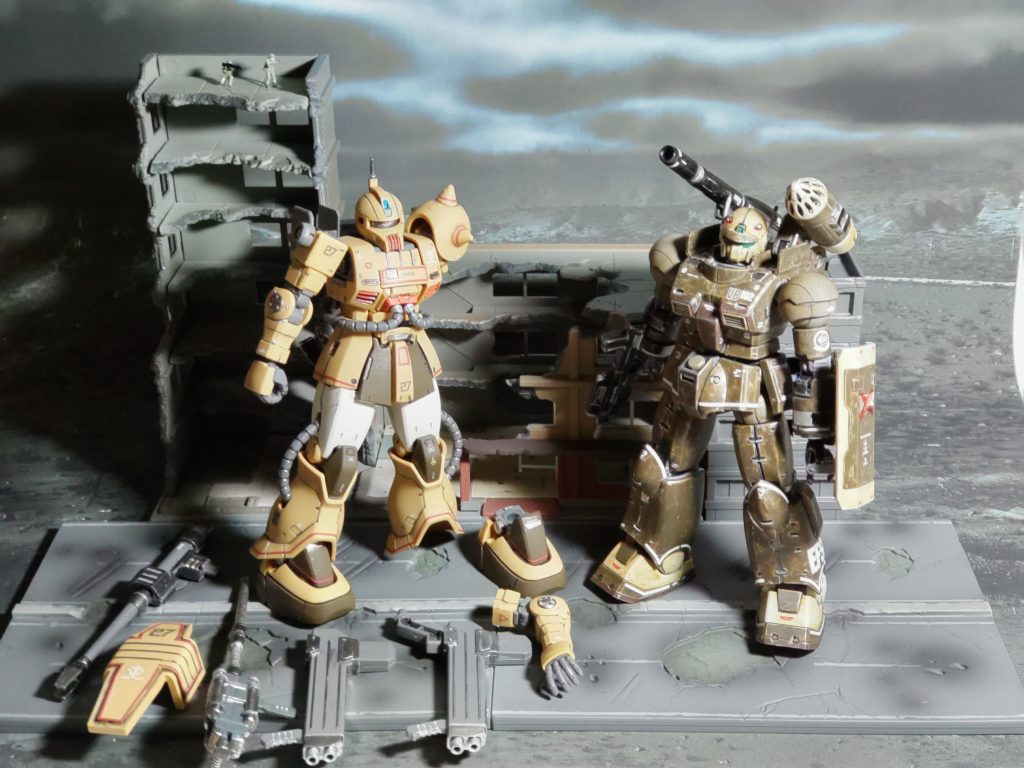 使ったキットHGザク・キャノン(テストタイプ)HGガンキャノン最初期型市街地セットTOMYTEC 廃ビル✕2、道路、歩兵セット