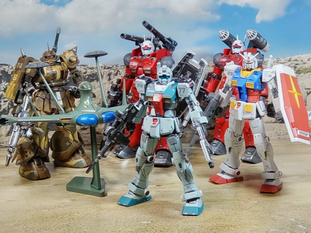 使ったキットHG ジム(スレッガー搭乗機)EXモデル ルッグンHG 高機動型ザク(エグバ機)HG ガンダム(オリジン版)HG ガンキャノン(ククルス・ドアンの島版)✕2