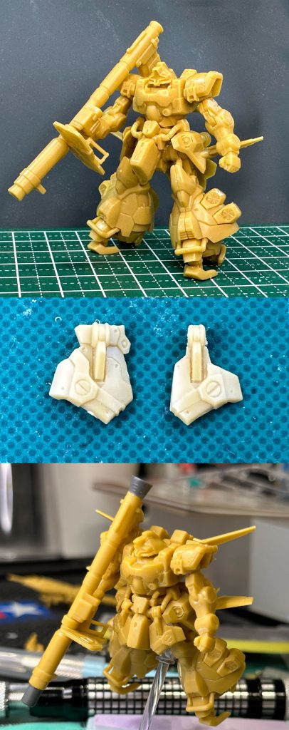 ■上段初期の仮組状態。胴体がそれぞれ干渉する部分あったので、各所削って対応。足の付け根付近が寂しくドムらしさが感じられなかったので、フロントスカートを削って移植することに。■中断ドムのフロントスカートパーツ。左が元のまま、右が加工済み。■下段塗装前の状態。ディテールアップパーツつけて最終確認