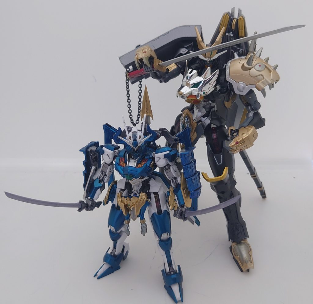 最後に、以前作成した1/144HG武者頑駄無エアリアルと一緒に撮影。よかったらこちらも見ていただければ嬉しいです。武者威神伝9「武者頑駄無・慧亜里荒流(エアリアル)」|パイナップル少佐さんのガンプラ作品|GUNSTA(ガンスタ) (gumpla.jp)