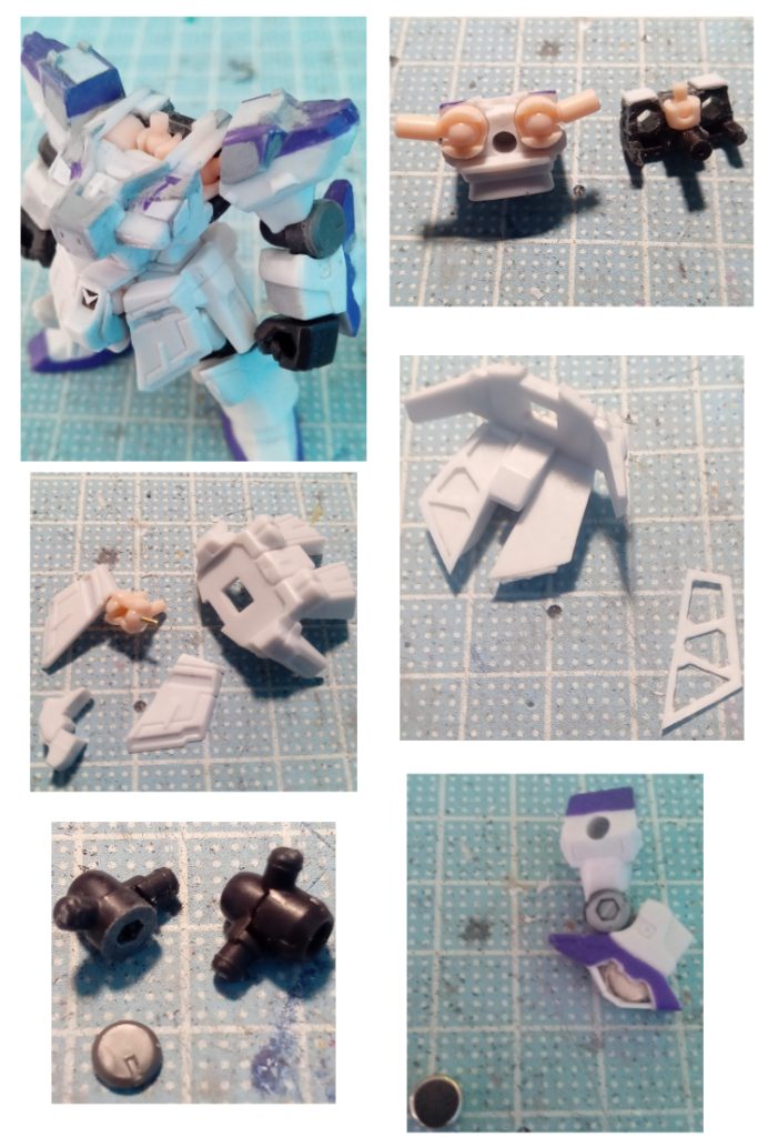 胸部のディテールを追加。襟の幅を顔ぐらいに増幅。肩の上のダボ穴をプラ板でフタ、モールドをパテで埋める。首、肩にボールジョイントを移植。可動範囲を増しました。フロントスカート部分も気合でwボールジョイントを移植。ハの字にも開けるようにしました。リアスカートの裏が結構見えるのでプラ板でトラスディテール追加。腕の関節部分が大きすぎるので、カットして丸モールドでフタ。シールド付けれなくなるので腕に磁石(100均)を埋め込み、プラ板で造形修復。シールドのダボ穴にねじ頭とばしたものを入れてフタ。これでシールド装備できます。