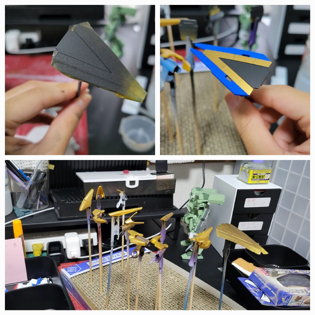 シールドの振り分け①ゴールド、②ブラック、③赤の順に塗装しました。アーマーと黄色パーツはゴールドに統一