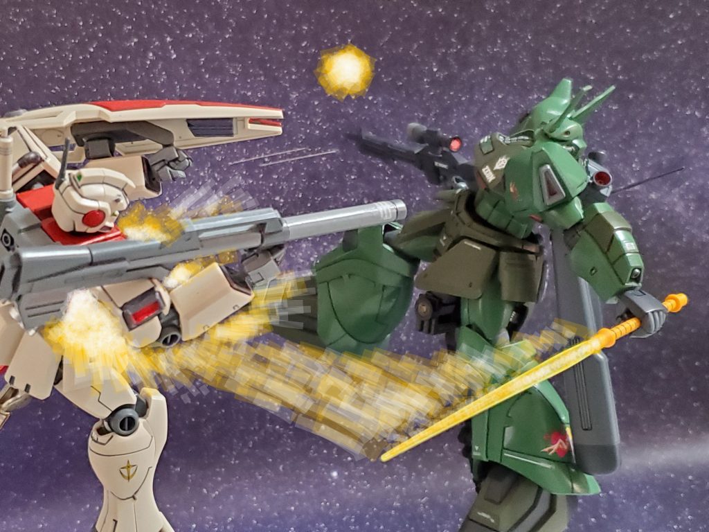 遠近の攻防に隙のないゲルググJ🤩✨鋭い斬撃でジムタイプを真っ二つ～👊✨エマァ・ダイスをはじめとするFairyHeart隊メンバーは、その戦いぶりに歓喜するのであった😊🎶