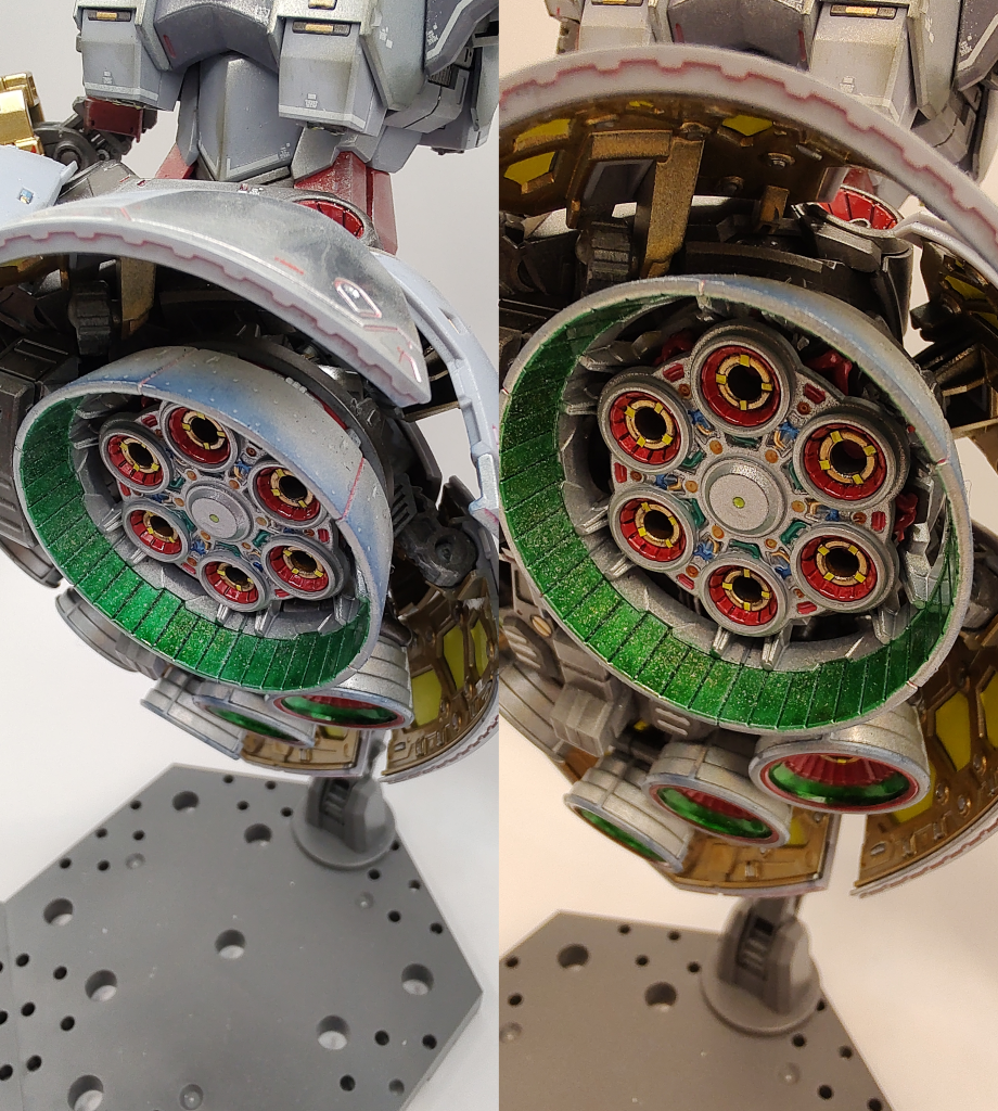 マスキングせずにバーニアの外側をホロシルバー噴いてたらたまたま内側のクリアグリーンの上に少しかかっていい感じに