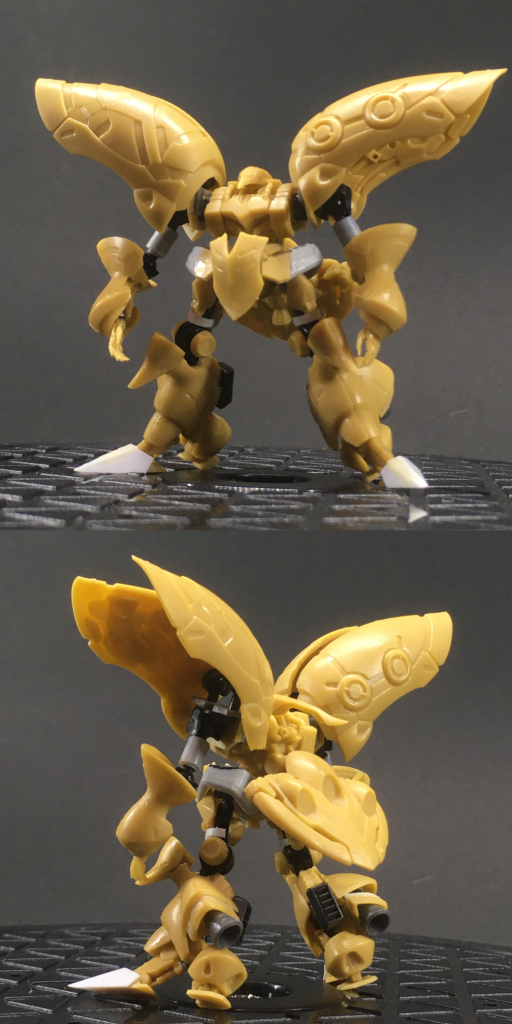 うわうわうわ、これヤバくない?いや、スゴくスゴくスゴくいいぞ!なんか自分史上最高にに理想的なプロポーションのキュベレイが目の前に!(手前味噌ですみません)しかも可動するぜ!と、1人で大興奮。まだ基本工作が終わっただけなのに、何度も「眺めてはうっとり」を繰り返すありさまで…(何なんでしょうね、このガンプラうっとり事案。絶対みんなあるはずだ!)