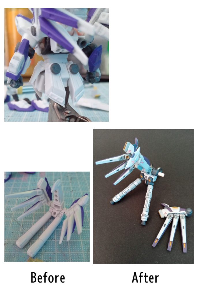 リアスカートのダボ穴も丸モールドでフタ。スラスター追加。バックパックはプロペラントタンクをアーティファクトから移植。各接点を可動化。バーニア、スラスターも追加。ファンネルはスジボリでデザイン変更。ファンネルラックの軸のダボ穴も丸モールドでフタ。