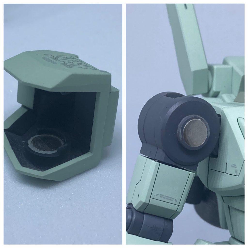 HGUCジェガンを制作する時に一番の悩みどころとなるのが肩。挟み込むタイプなので、パーティングラインの処理で頭を悩ませます。自分の場合、内部フレームと肩部装甲の両方に丸型のネオジム磁石を仕込み、着磁を利用して固定しています。少し手間はかかりますが、確実に後ハメできますのでオススメです。