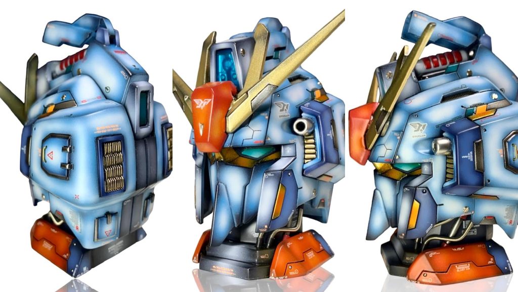 側頭部や後頭部にもプラ板で情報量アップ、スジボリを行い密度を増やして色分け塗装、メタルパーツでアクセントを追加しています。