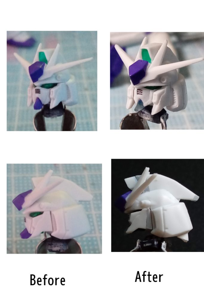 頭部はよりハイニュー感がでるように改修。頬をそぎ落としたり、モールドもデザインナイフで違った感じに彫り込む。目の上をめり込ませるように頭部内側を削る。トサカは前後にプラ板で延長。襟足を新たに制作。