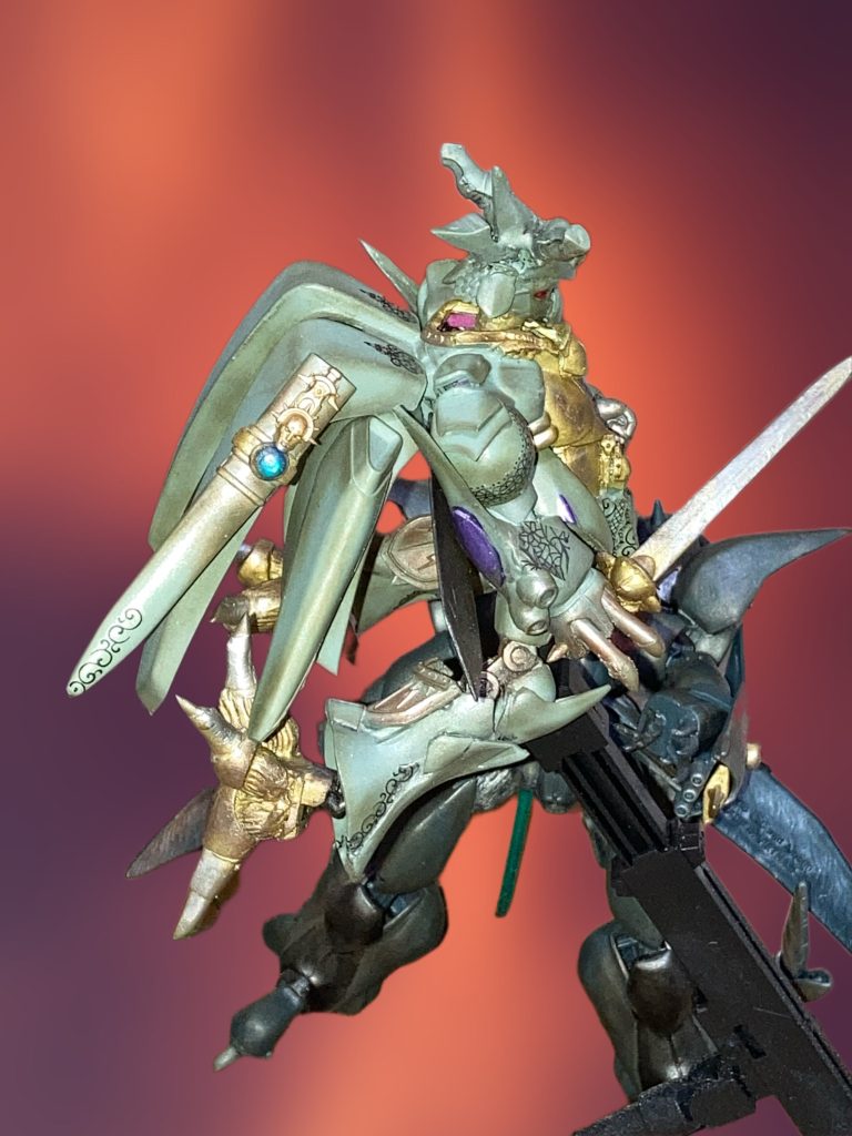 顔や足はオリジナルな感じですが、上半身は割と忠実に仕上がりましたね。流石gフレーム、ポージングの自由度が高いので、動きのある作品を作りたかったのです。