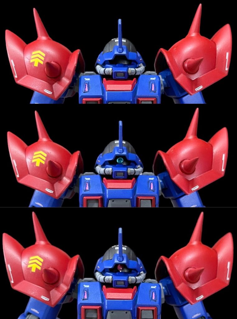 そして、いつものようにモノアイはHアイズを両面テープで貼り付けてるだけなんですが、ブルーはEXAM発動する際に発光色が変わるのでイフリートにも同じように目の色が変わるようにしてみようと思ってEXAM発動時に赤いモノアイを取り付ける選択式にしてみました😊