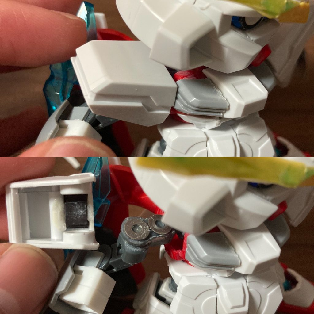 肩は100均で売ってる板状のマグネットに本体側にはミニ四駆のパーツであるワッシャーを使用(ちょうどいい大きさでした)