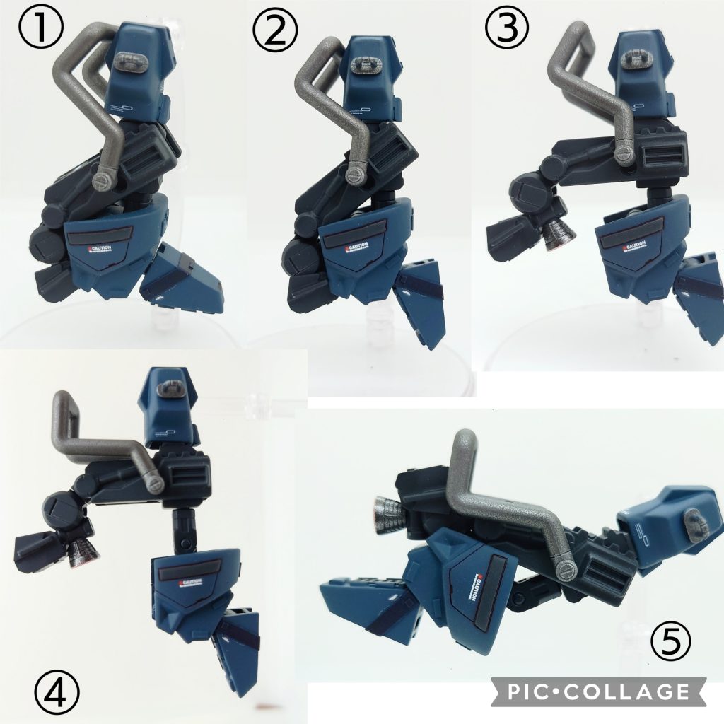 生意気にもこだわった足の変形です②元々は一体だったつま先をカットして関節？を仕込みました③踵になってるパーツの中にバーニアを仕込んでいます、立像の際には見えないようにしてみました④3との違いが分かりにくいのですが(笑)、スネっぽい部分が伸びてます。⑤飛行形態になった時はこんな感じです 