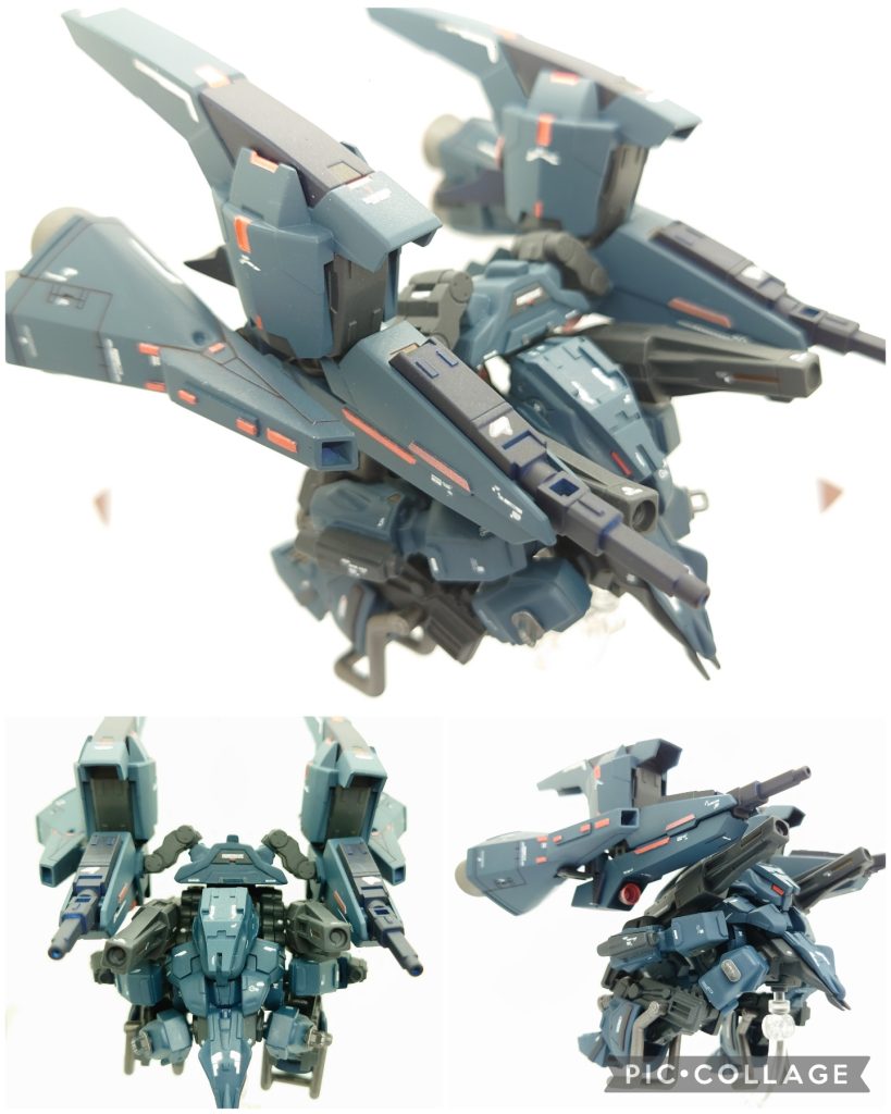 変形するとごちゃってしてこだわった部分もよく分かりません(笑)飛行形態と言うより某アニメのガウォークみたいだなと…腕の置き場に困って最終的には武器持たせてそのまま位置なんですが、本来なら後ろのバックパックにスポットハマるんですね！勉強不足で知らなかったんです