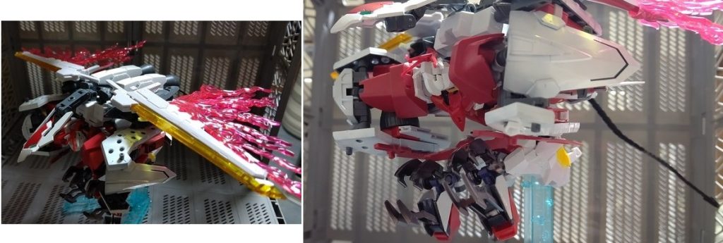 ブレードフェニックス形態への変形も可能。肩アーマーの肥大化のせいで本体部分がものすごい厚みになって不格好ではあるが、翼となる大型実体剣に仕込まれたミノフスキードライブにより炎の翼を形成し、増設ブースターと相まってすさまじい加速能力を発揮する。脚部はＨＧのＬ.Ｏ.ブースターをモチーフにした大型クローになっており、敵を捕らえたり引き裂いたりと体当たり以外の攻撃が可能になっている。