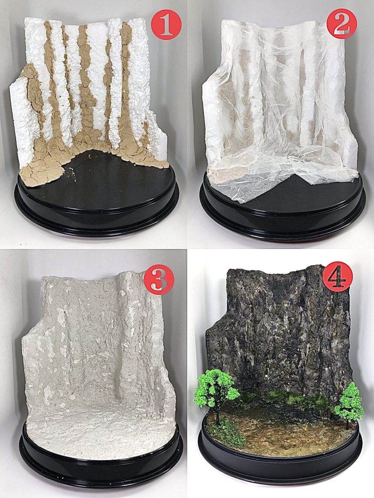 今回のジオラマベース製作工程を紹介①発砲スチロールと木粘土で崖っぽい感じに②それに上からテッシュペーパーを木工ボンド水で貼り付け③シーナリープラスターをぶっかけ🙄④アクリル絵の具で塗装して、少し緑でデコレーションを加えたら完成であります🐸他のプラモでも使い回しできるように、汎用性が高い感じで作製しました…これぞエコ👍