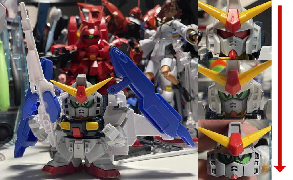 製作途中の顔の遷移フェイスを分離してクマドリを削ってセンターラインの角度を緩やかにしつつ顎下のラインを短縮、メットの頬をパテで盛って内側に巻きつつツライチにしてます。