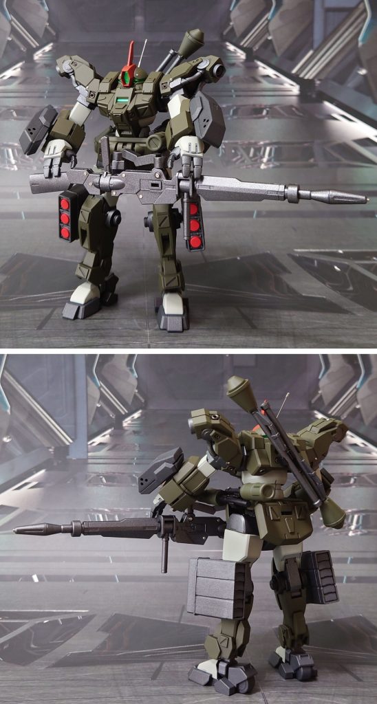 火力支援型装備で前後ろ。■塗装レシピ白:黒サフ→ガルグレー→つや消し緑:黒サフ→オリーブドラブ→つや消し黒:黒サフ→MSグレー連邦系→つや消し赤:グレーサフ→ダルレッド→つや消し関節類グレー:黒サフ→ブライトガンメタル→つや消しバオリパック金属色:グレーサフ→メタリックグレー→つや消しバオリパックグレー:黒サフ→ニュートラルグレー→つや消し武器類グレー:黒サフ→ガンメタル→つや消し武器類黒:黒サフナイフ刃:黒サフ→シルバーリーフ→つや消しミサイルポッドグレー:黒サフ→ブライトガンメタル→つや消しミサイルポッド黒:黒サフ→MSグレー連邦系→つや消しミサイル弾頭:グレーサフ→MSレッド→つや消しパイルバンカー杭:黒サフ→ガンメタル→先端側にシャインシルバー→つや消しビームサーベル刃:根元にベースホワイト→先端側にメタリックレッド→全体に蛍光ピンクセンサー類:キット付属シール、市販のプラパーツ・シール素材を併用墨入れ・部分塗装:ガンダムマーカー各種