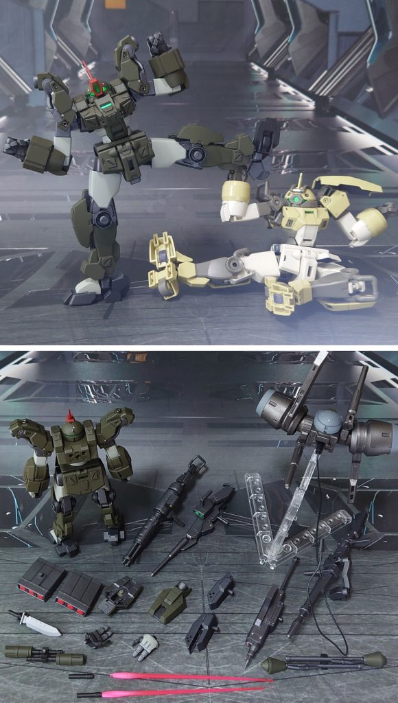 肉抜き穴埋めした箇所の比較と、付属品一式。肉抜き穴埋めは下記の箇所で実施。・肩関節・肘関節・前腕カバー裏側・膝関節・足の裏(爪先側)・バオリパック:本体部分裏側・バオリパック:ビームキャノン接続部オプションはデミトレーナー用オプションセットから平手とナイフ、ビームガトリングガン、ロングライフルを少し加工して用意。更に、HGBCパワードアームズパワーダーからガトリングガン、RGフルアーマーユニコーンガンダムから3連ミサイルポッド、境界戦機武器セットからパイルバンカー、オマケで他社パーツのボムセットを準備。ミッション内容に合わせて装備を切り替え、対応するイメージです。