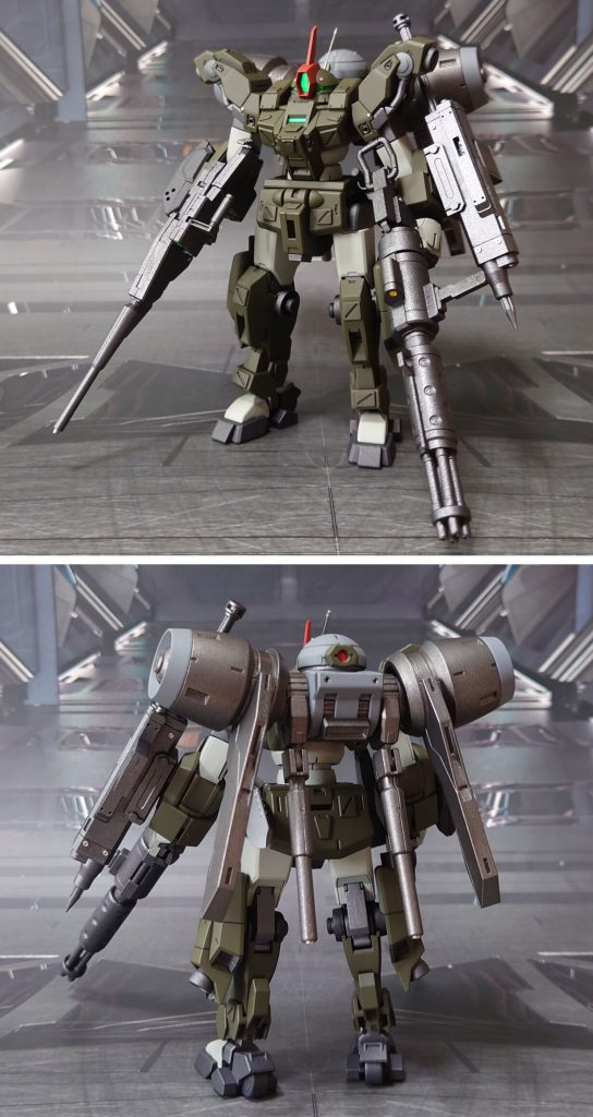 デミバーディングの前後ろ。本体・バオリパックは肉抜き穴埋め、パーティングライン・段ズレ・ヒケ対処、市販パーツの埋め込み・貼り付けによるディティールアップ。前腕側面の3mm穴は、深くなるよう前腕パーツを掘り直しました。