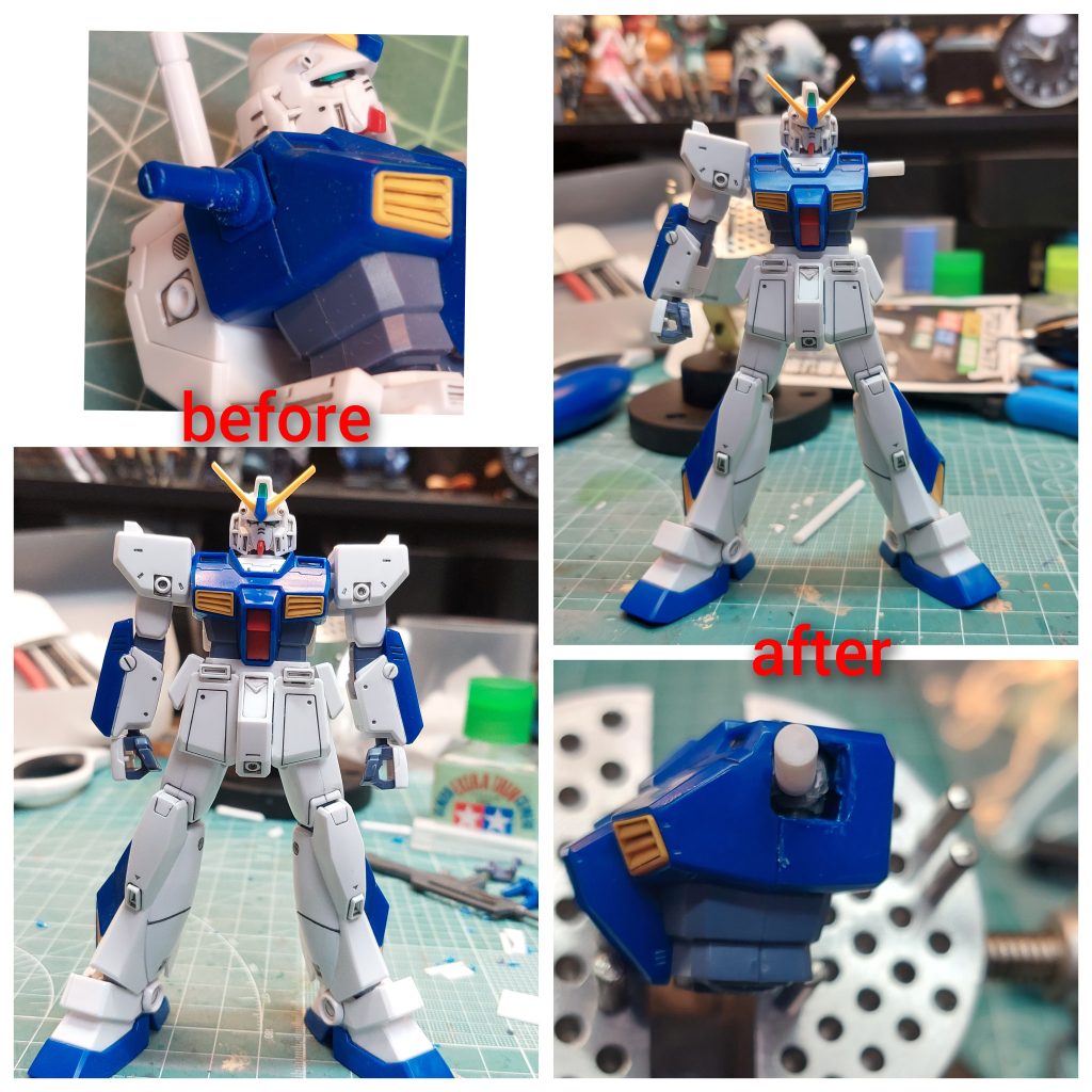 肩関節固定のキットだったのでポリキャプとプラ板とプラ棒で可動式に改造🎵因みに改造前のこのキットは昔の自分が作ったパチ組スミ入れした機体🎶昔の自分の為に少しカッコ良く仕上げてみた❗あの頃よりは多少なりともスキルは上がってると思うので✨