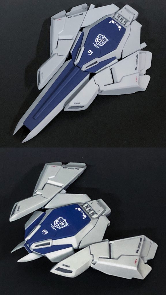 ヒュメンはスタインのシールドをベースにリアアーマーを取り付けて大型化。シルエットはイージスナイトのシールドを参考にしました。変形してブースターモードになります。