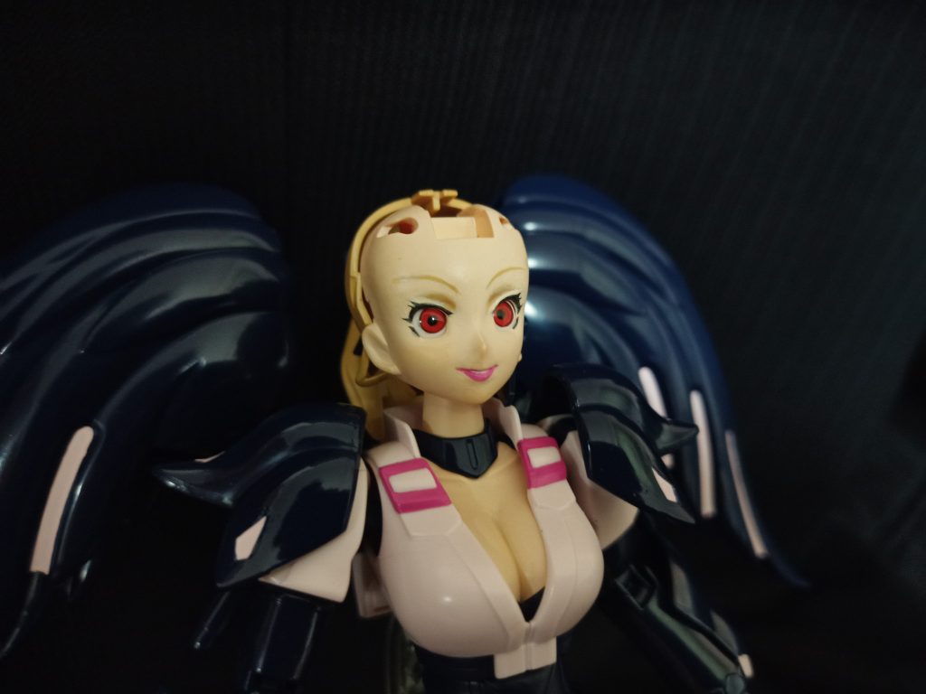 頬や顎周りはヤスって整え、上唇を若干削って歯をチラ見せリップはドギツいピンクで眉はちょっと上に行き過ぎ感あったので埋めて描き直しアイシャドウ若干強めに、悪さのバランス取る為にアーチ型の眉にしました…が、前髪長い方がいいなぁでパテで伸ばしたのであんまり分かんなくなっちゃいました^^;