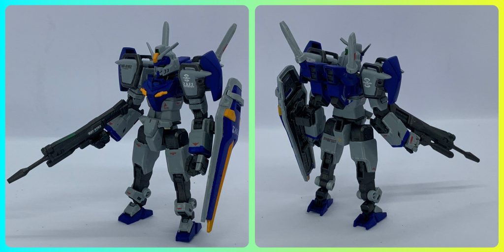 種撃ちと前後ショット。デカールに初挑戦しました。基本はHGデュエルとHGBD:Rアースリィ(コアガンダム)のミキシング。シールドEGストライク。腕もHGCEエールストライクから。