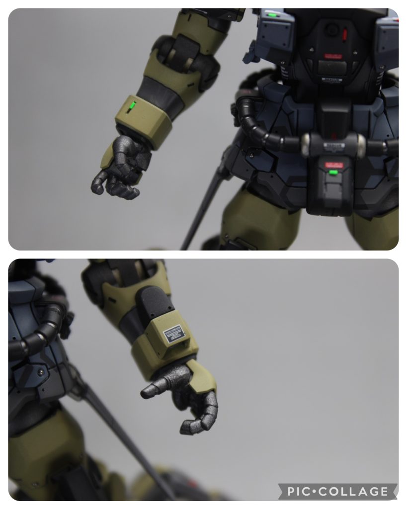 ハンドパーツは「あすぱら模型」さんのASPハンド丸型8.2を使用しました。https://aspara-mokei.booth.pm/?_gl=1*nplx80*_ga*MzEyNjAzOTA2LjE2ODYxMDYyNDk.*_ga_RWT2QKJLDC*MTY4NzQxMDg5NC44LjAuMTY4NzQxMDg5NC4wLjAuMA..左の平手はライフルを構えたときに保持がしやすいよう、親指を切り離して向きを変え、真鍮線で軸を打ち、エポキシパテで固めました。レジン製のものを切ったり穴開けたりが初めてでドキドキしましたが、やってみるとなんとでもなりますね。