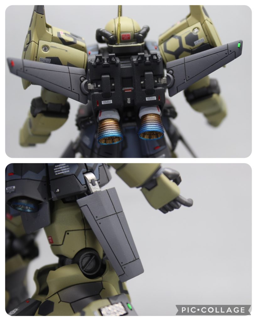 バックパック、及びウイングです。もともとあったディテールをランナーパテで埋め、航空機のデザインを見ながらスジ彫りを入れました。また、翼端灯は左が赤、右が緑と決まっているらしく、それに倣ってウイングの他にも機体の右側に緑が多くなるようにつけました。