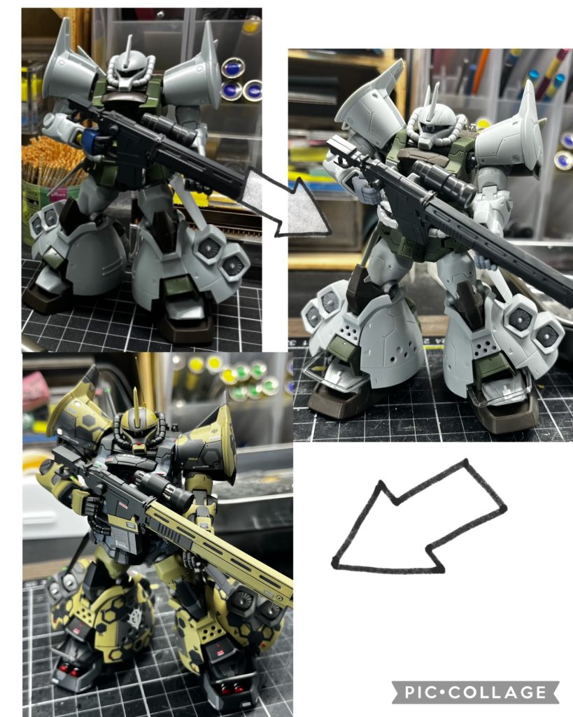 制作工程の写真ほとんど撮っていなかったので、素組み、サフ前、完成の比較写真を。この写真を使おうと思ってない状態で撮ってるのに毎回同じポーズさせてるんですね、この人