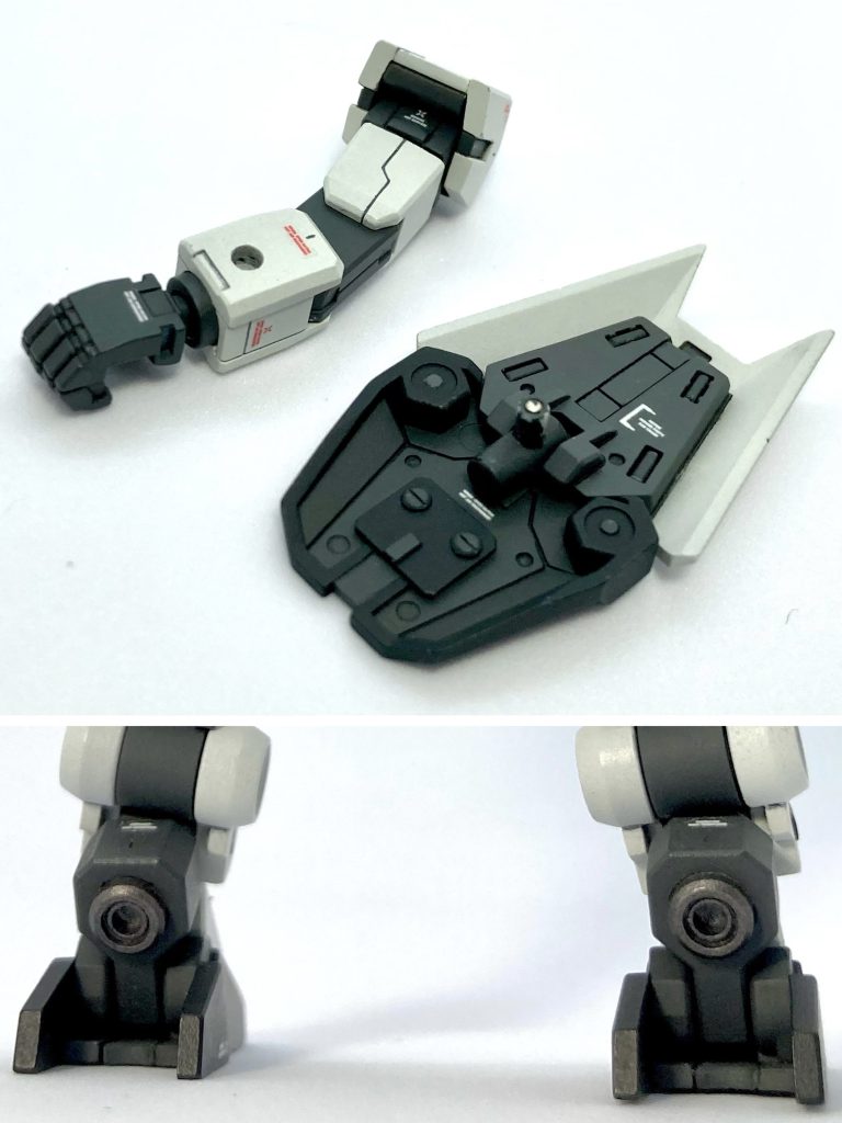 シールドの持ち手は廃止して、軸で接続する方式に変更しました。アキレス腱の部分が、設定画と劇中を見る限りスラスターのようだったので、プラパイプ等を組み合わせてそれっぽく再現してみました。