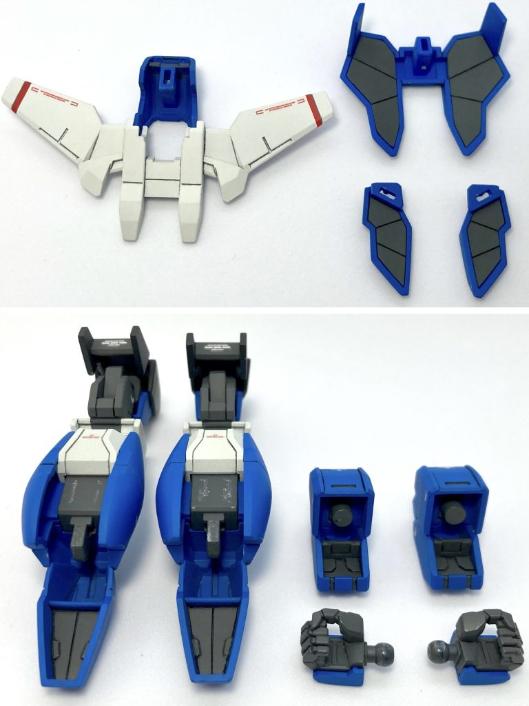 写真上段は主にエポパテを、下段の方はプラ板を使用して、目立つ肉抜き穴を埋めました。背中に取り付ける羽根付きの白いアーマーは、部位ごとにバラバラに切り離して、パーティングライン等を処理した後に再接着しました。真ん中の橋渡し的な部分はプラ板で作り直しました。