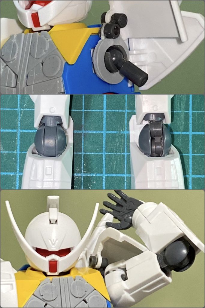 さらに残念だった腕部可動。肩アーマーと肘の内側に壽屋の2重関節パーツを使用して、可動域を広げました。肩の付け根もボールジョイントを足して引き出し構造の代替にしています。
