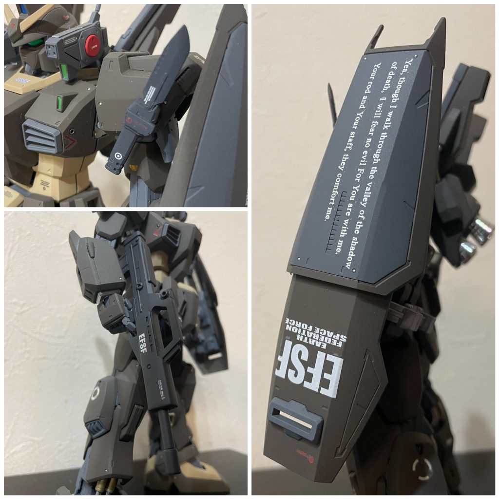 肩のナイフは、ヒートナイフということで、シースは無しです。😅作戦行動の性質上、実体弾兵装がデフォルトということで、ジムライフルを実装しています。☝️😙ミリタリー系カラーリングにしっくりくるような…。🤔シールドのデカールは、宇宙戦艦ヤマト/アンドロメダブラックより拝借しています。特殊部隊の軍人ってこういうのが好きそうという思い込みです。😅