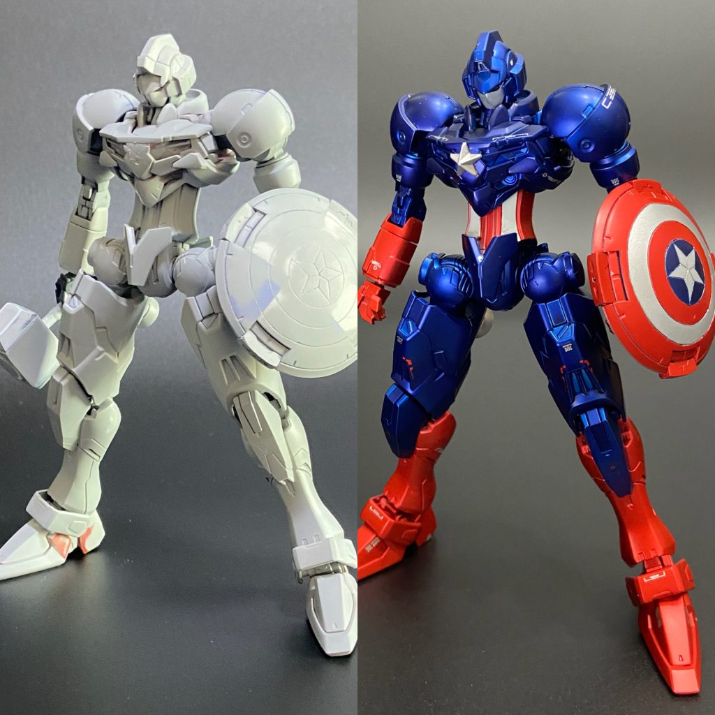 左サフ状態 右塗装後キャプテンアメリカを完全再現するのは難しかったため、重要な特徴を大切にしキャプテンアメリカっぽいを目指しました。アイアンマン同様、水星の魔女キットがベースになっています。