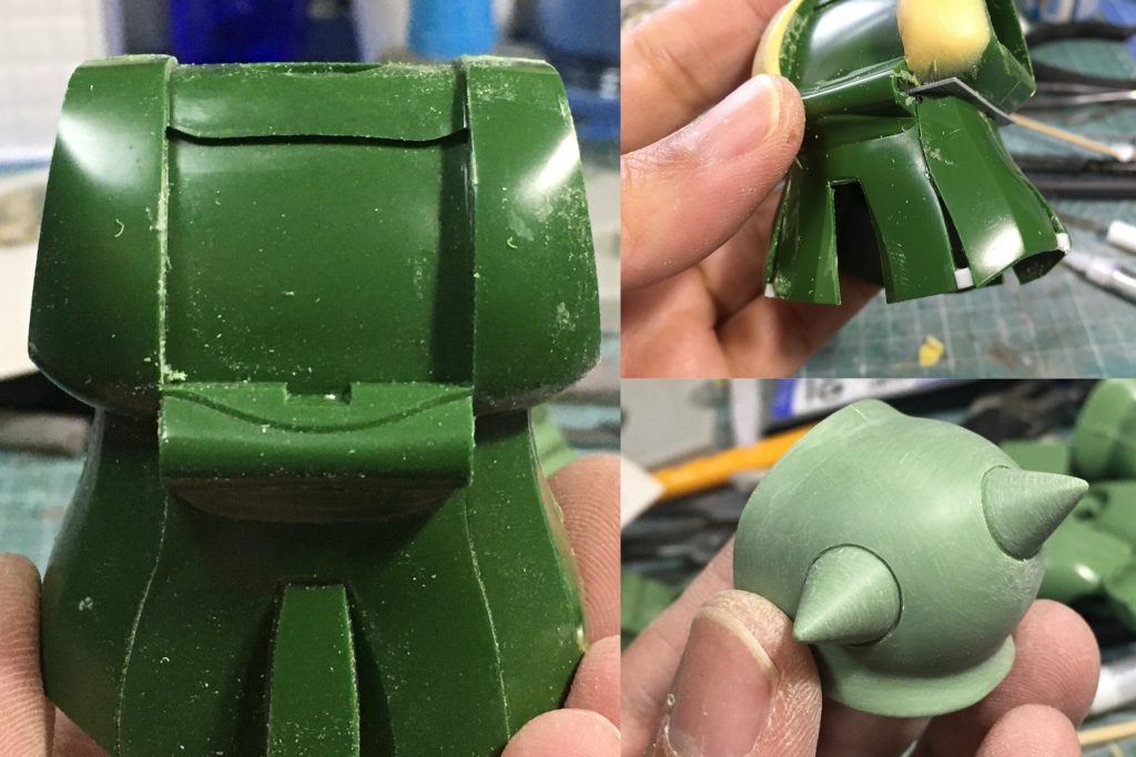 昔懐かしい、肩のハの字カットはもちろんやりました。スカート周りは、腰を細く、裾を広くしています。スパイクの根元を彫って、別パーツっぽく。