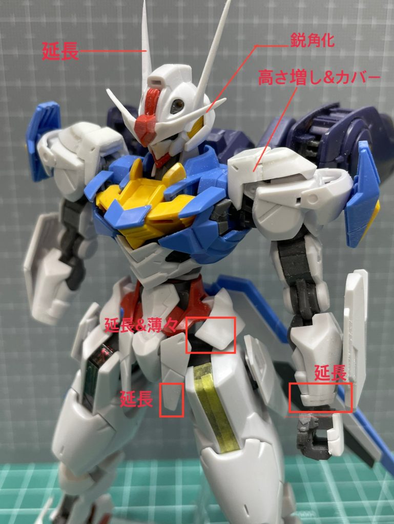 写真では見えないですが、二の腕の付け根は、グレーのパーツの1番上のところが穴を囲むように丸くなっているので、その部分を少し削って短くしました。