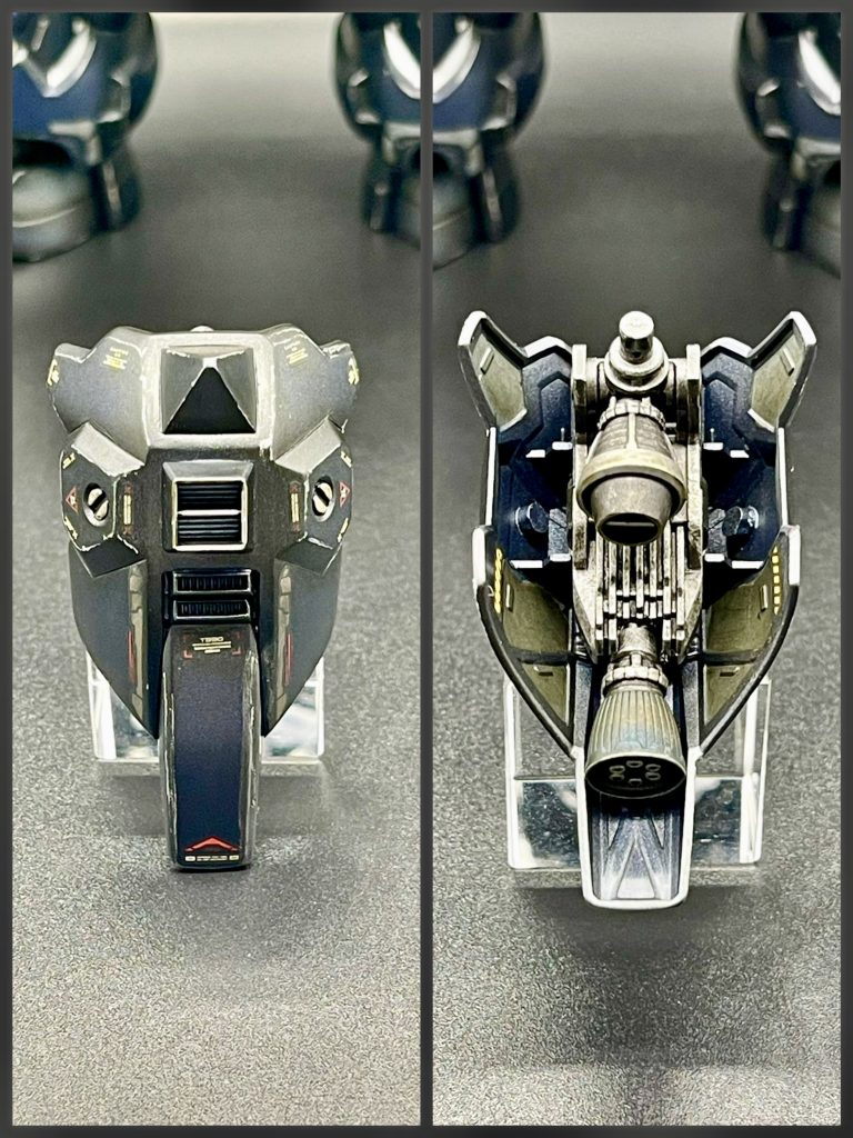 グエルさんから拝借したスパイクシールド(×2)を加工、両脚の装甲強化に使用。裏側の見えにくい場所ですが、塗り分け、バーニア(×2)装着(左図)。