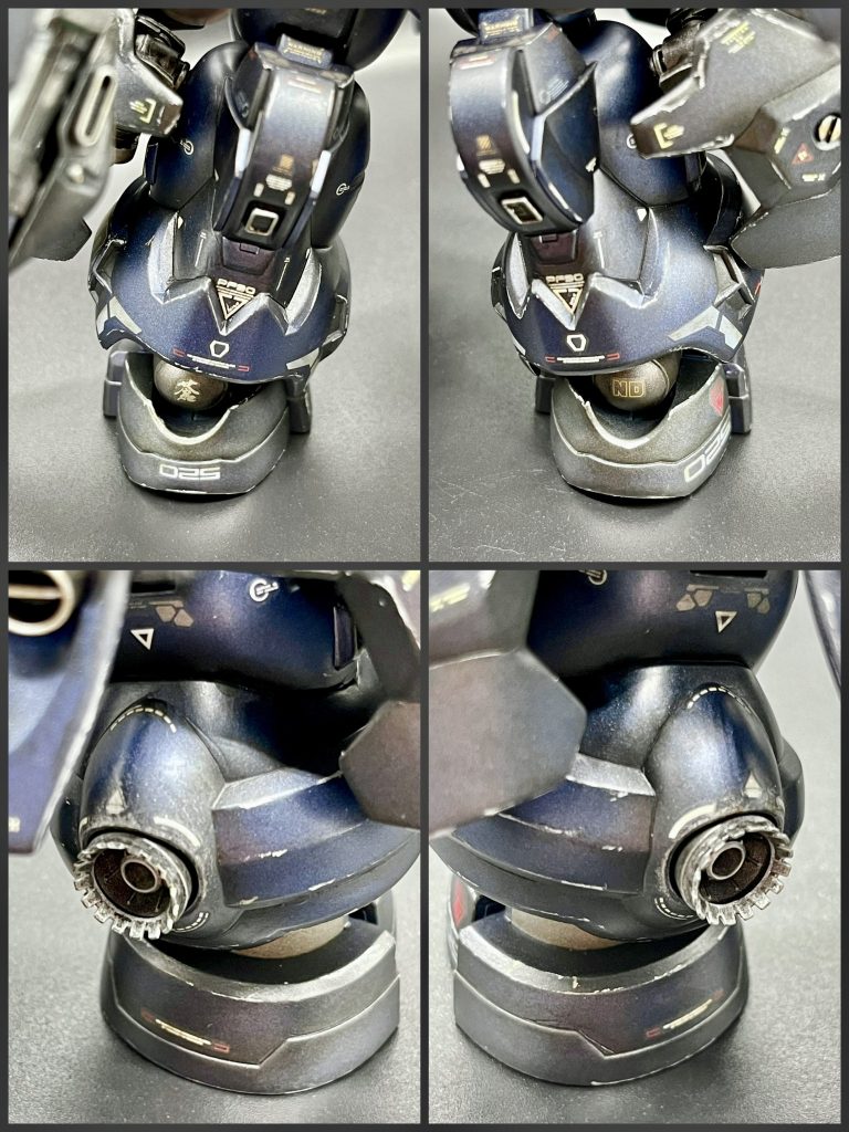 両脚に加工したバーニアの埋め込み(下図)。合わせ目はシールドでほぼ隠れちゃうので、放置でも何ら問題はないですが、気持ち悪いので消しておきましたw 腰側の2箇所は形として敢えて残しています。