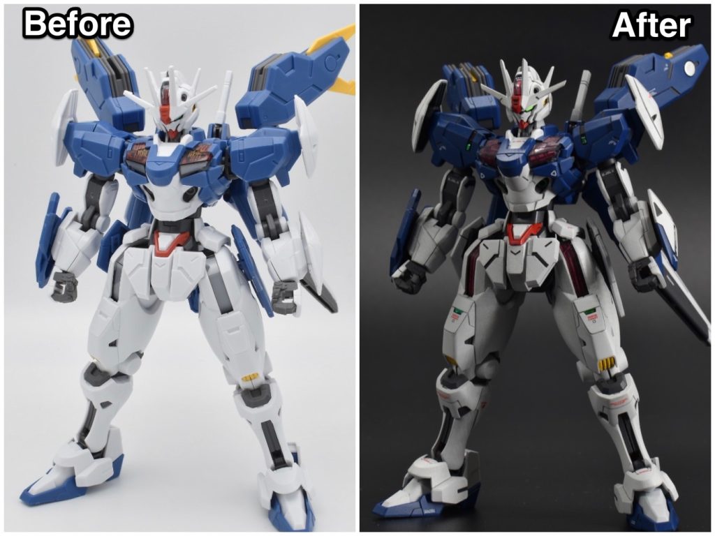 はじめにHG 1/144 ガンダムエアリアル改修型のビフォーアフターです。左側が仮組み、右側が完成後になります。